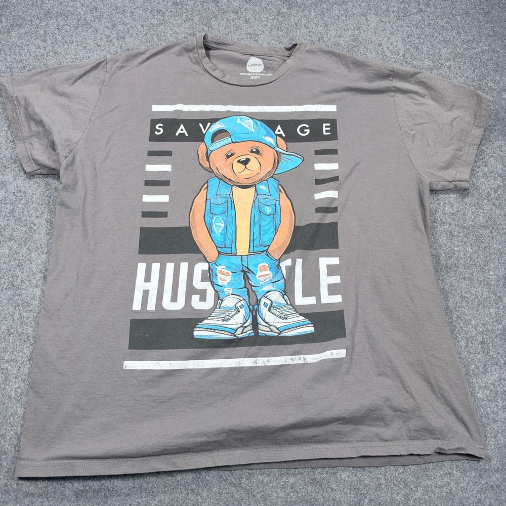 Launder Bailey Apparel Savage Hustle Teddy Bear Graphic T-Shirt Gray Mens 3XL